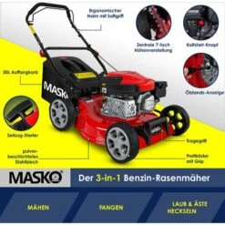 MASKO® Tondeuse à Essence 5 En 1 Roue Motrice Fonction De Nettoyage EasyClean Fonction Mulching Éjection Latérale Largeur De Coupe élevée Réglage De La Hauteur De Coupe Sur 8 Positions | Moteur 4 Temps | Bac De Ramassage, Rouge Noir, Schnittbreite 42cm (d -France Tondeuse Soldes Boutique 54827847 5